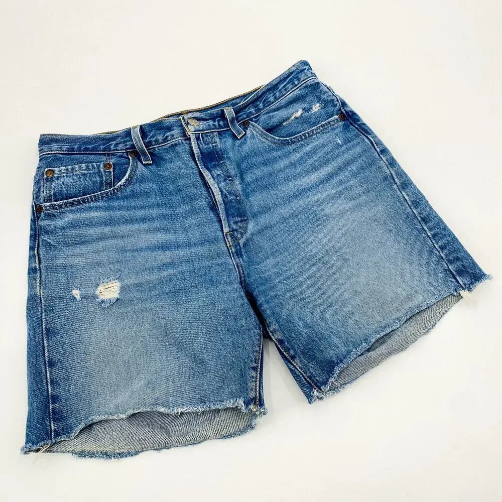 Levi's 501 denim raw hem distressed long‎ shorts